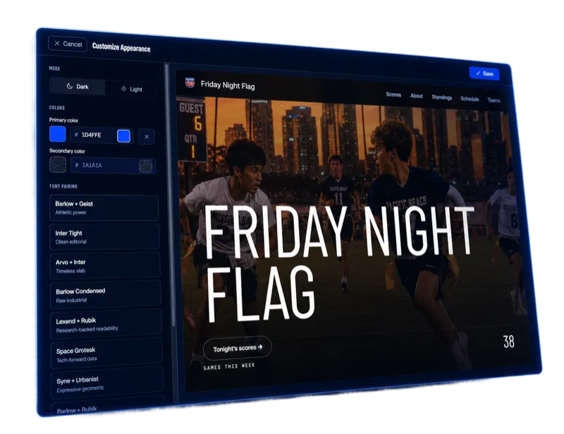 Flag50 customize appearance panel with color pickers, font pairings, and live landing page preview