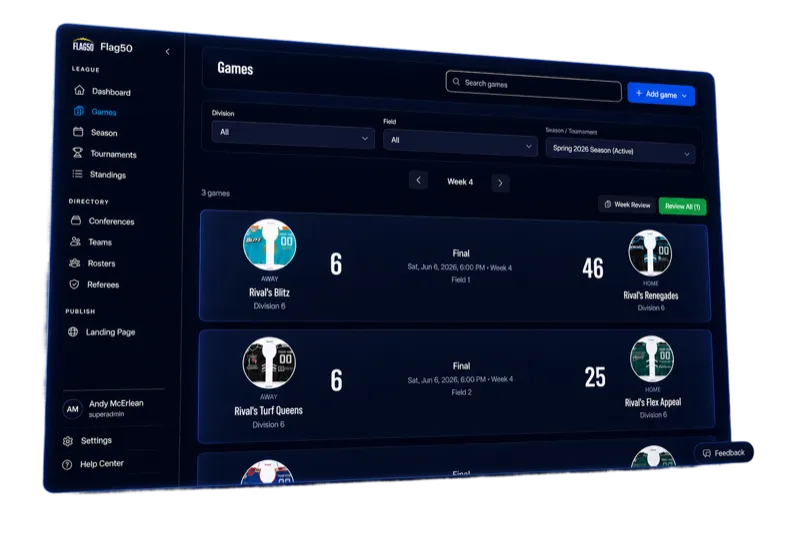 Flag50 admin dashboard showing live game scores, division filters, and week navigation