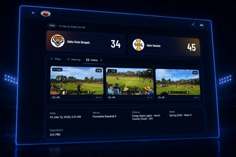 Flag50 game page showing highlight video clips, final score, and matchup details