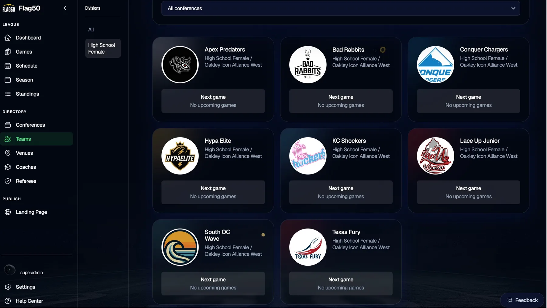 The Flag50 admin Teams directory showing a High School Female division with team cards and logos