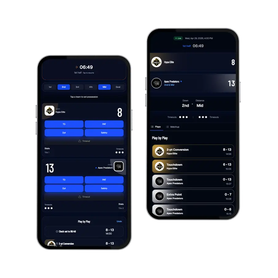 The Flag50 referee scoring app and fan app, side by side on two phones