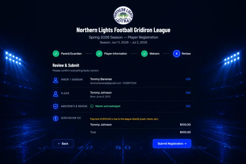 Flag50 registration review screen showing parent info, player details, waiver status, and registration fee