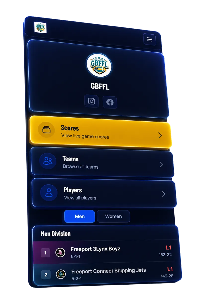 Flag50 mobile app showing league dashboard with live scores, team standings, and division management